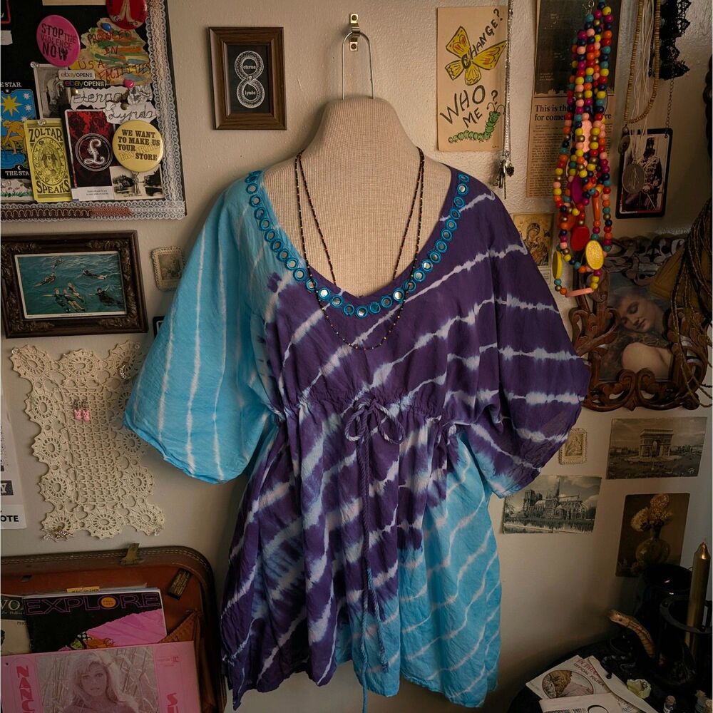 Vintage Tie Dye Caftan Swimsuit Cover Up Women's One Size Blue Purple